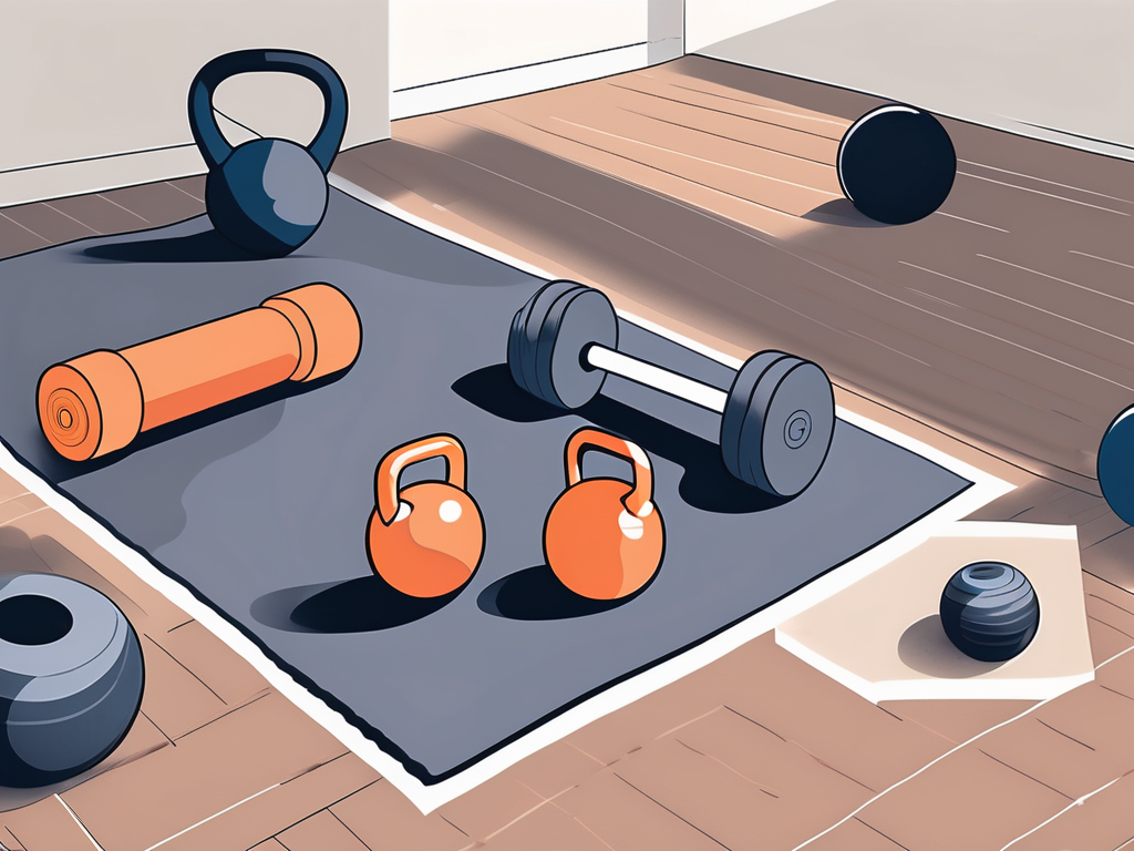 Various fitness equipment like a yoga mat