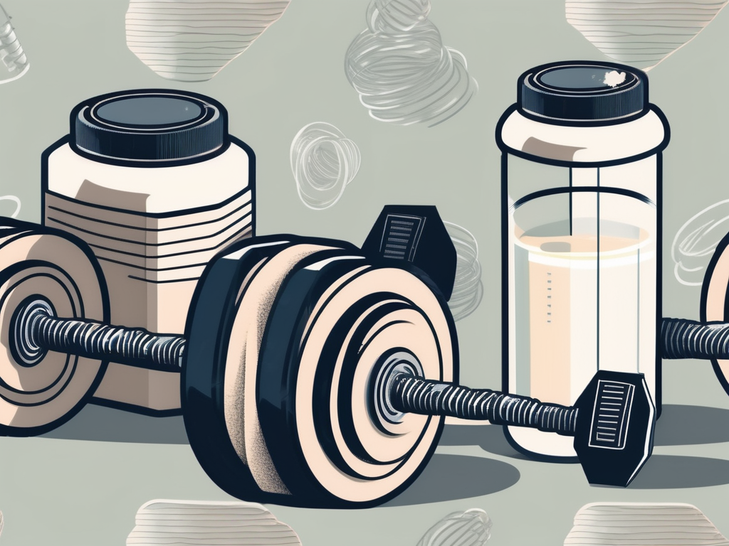 A set of dumbbells next to a protein shake